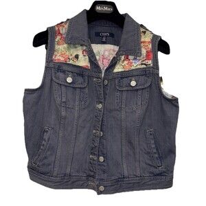Chaps Denim Button Up Vest Women L Pockets Blue Upcycled